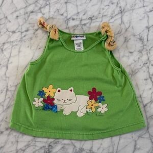 Vintage Cat Floral Bow Green Toddler Tank Top Sz 12 M